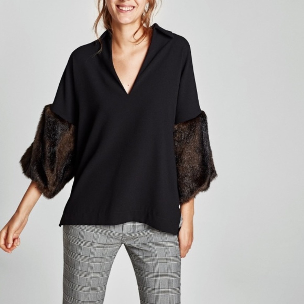Zara Black Blouse with Faux Fur Sleeves Size XS